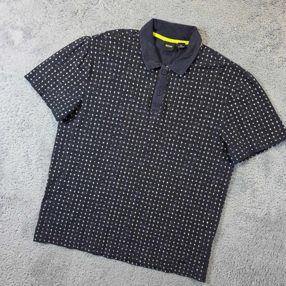 BOSS Hugo Boss Polo Shirt Mens M Navy Blue Palm Tree Print Cotton Short Sleeve